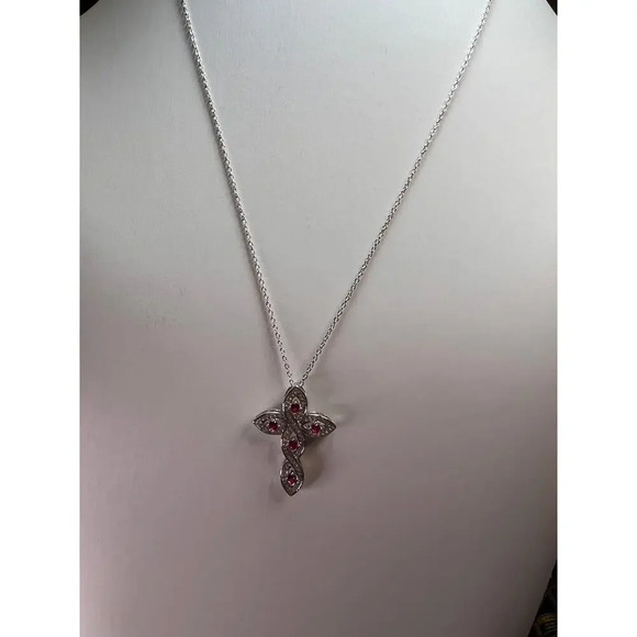 Lab ruby and CZ cross pendant and chain in rhodium over sterling silver - Picture 7 of 11